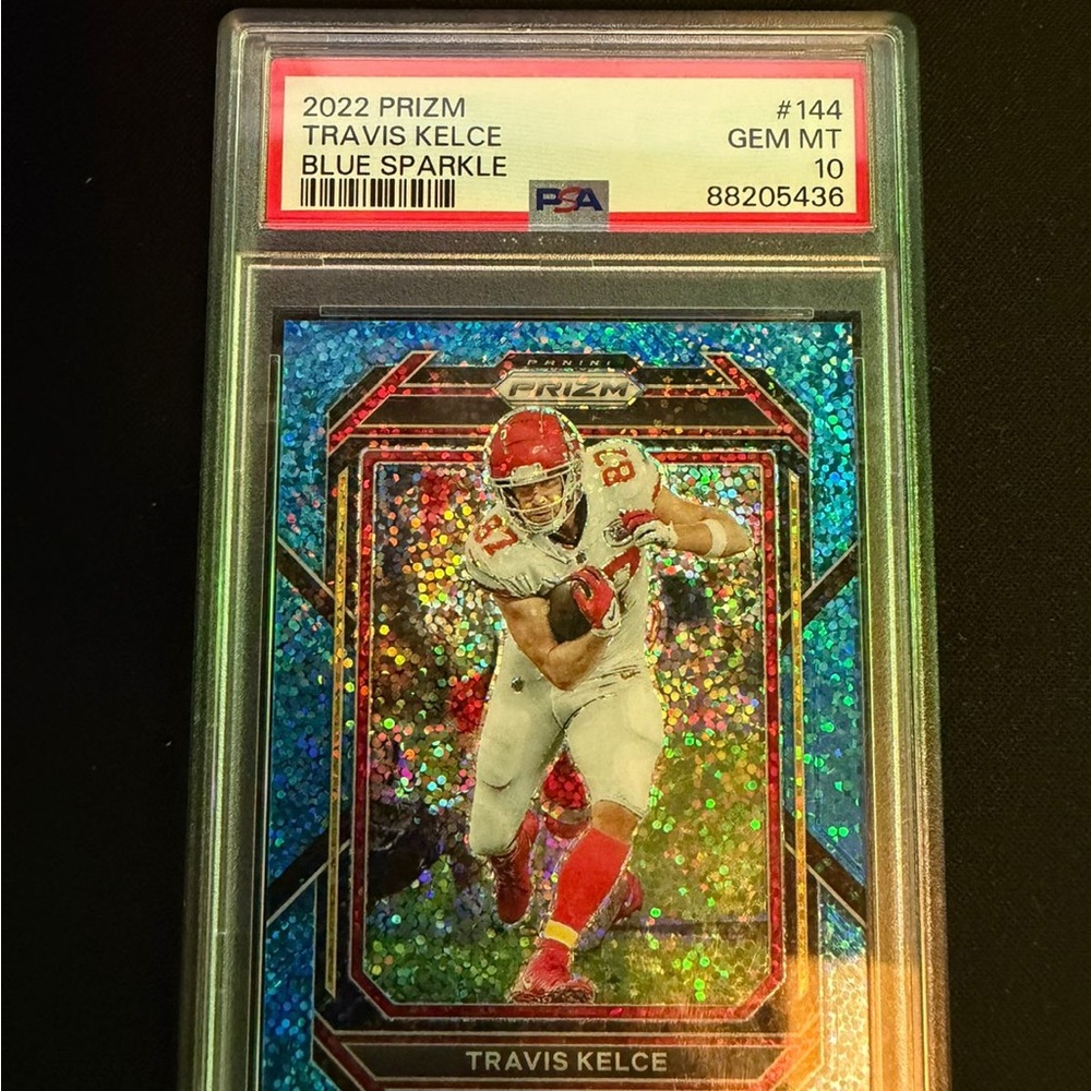 2022 Panini Prizm Travis Kelce Chief Blue Sparkle 04/96 #144 PSA 10